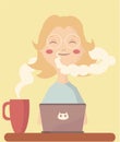 Cartoon cute girl with coffee and laptop vector illustration